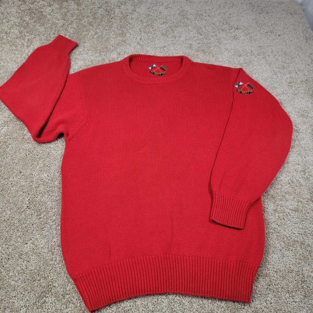NAVY Knit Sweater Embroidered Flags 1963-1988‎ Red Men Size Med 100% Wool VTG